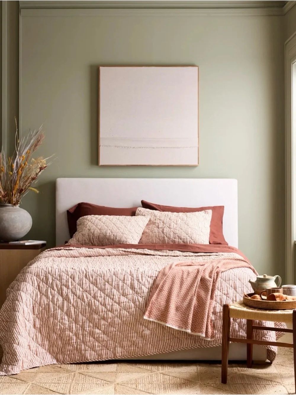 Quince European Linen Striped Quilt in Latte and white King Size